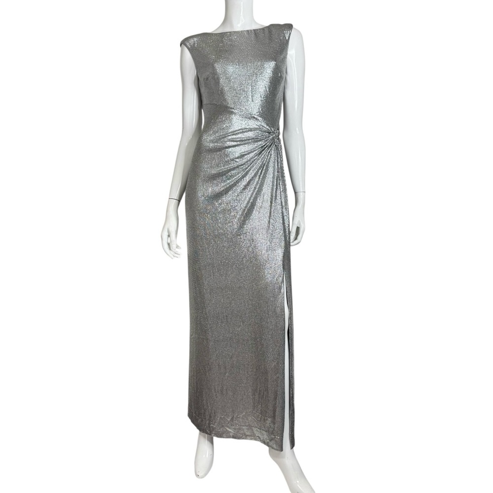Lauren Ralph Lauren Metallic Silver Side Slit Runched Embellished Pin Maxi Dress - Picture 2 of 12